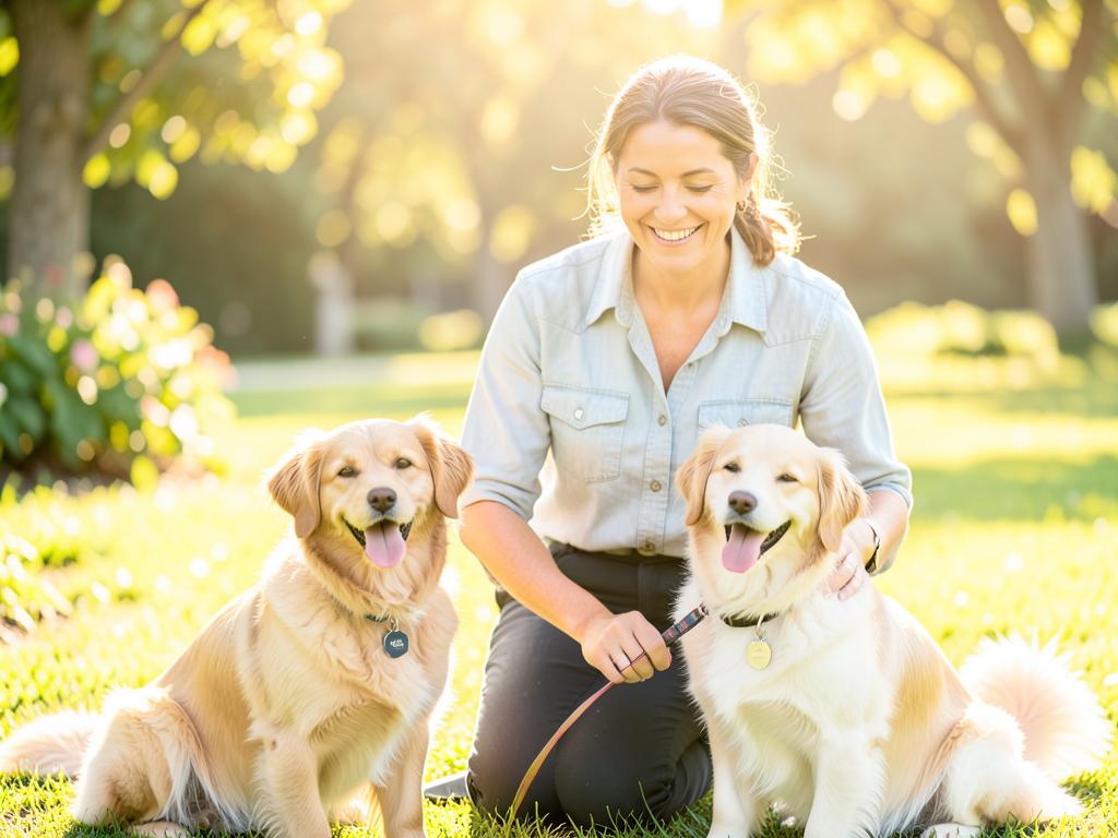 Cuidador profesional sonriendo junto a un perro