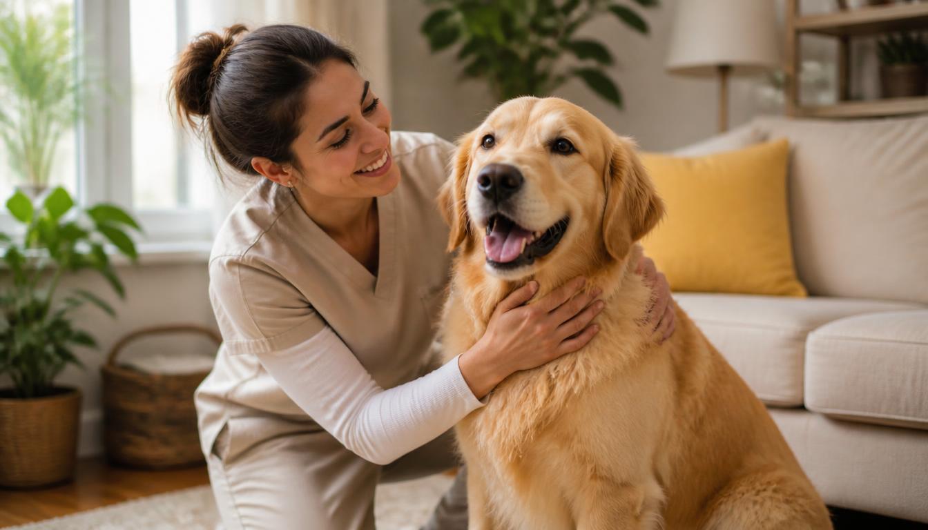 Cuidador abrazando con cariño a una mascota en un ambiente cálido